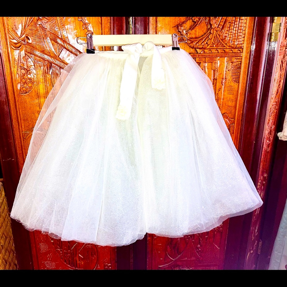 Ribbon top tie off white lace w spotted crystals throughout the tutu